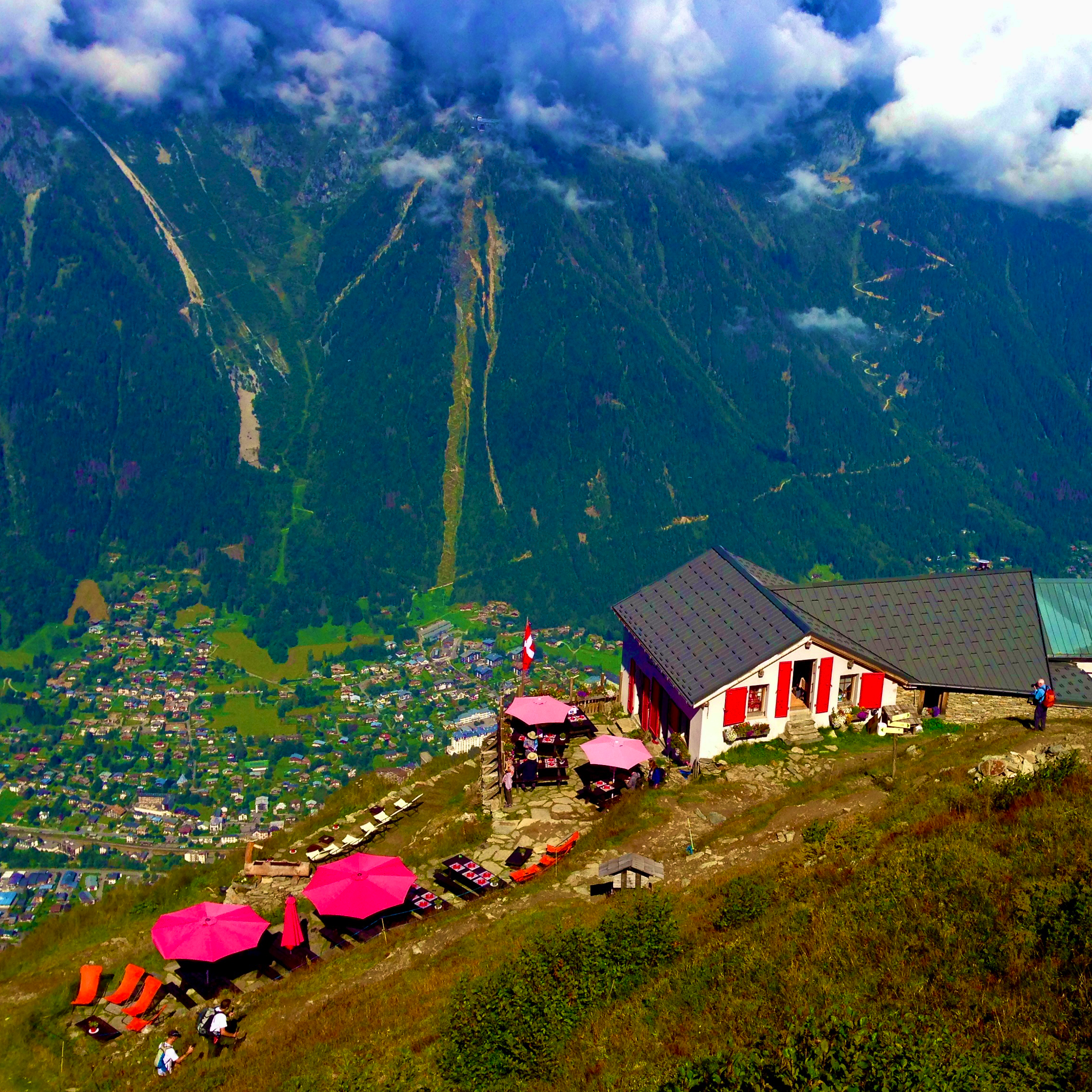 The Plan de l'Aiguille hut is perched above the center of Chamonix