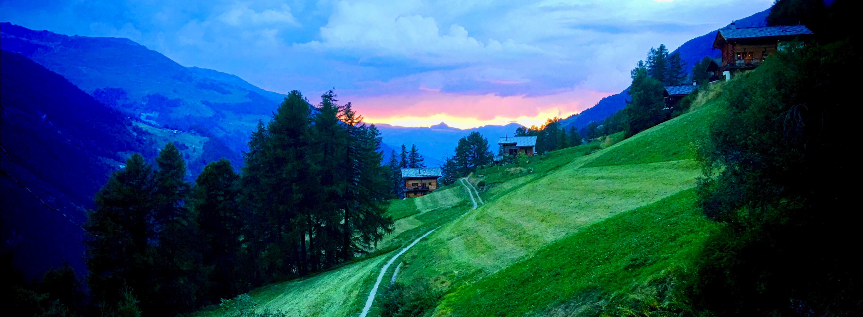 Sunset behind the mountains on the Eastern section of the Haute Route between Arolla and Zermatt