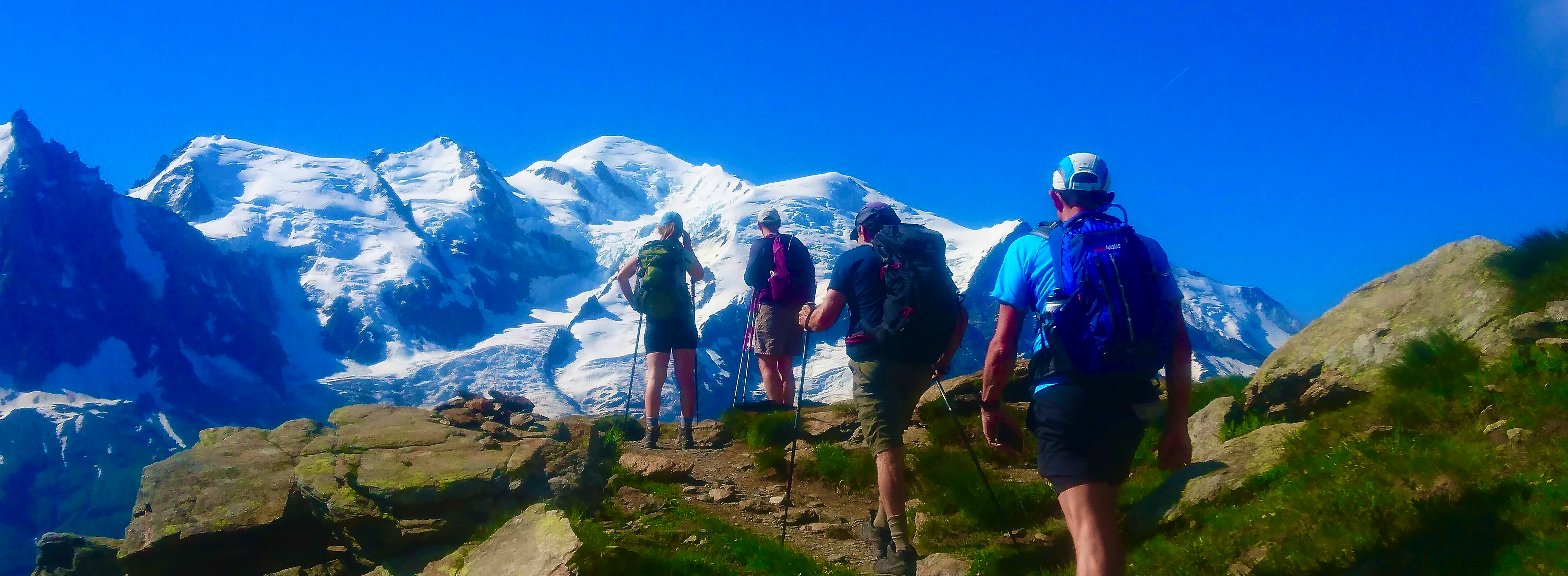 A guided group admiring Mont Blanc on the TMB